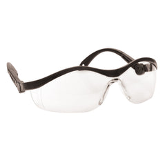 Clear portwest safeguard safety spectacles. Spectacles have black frame and clear lens.