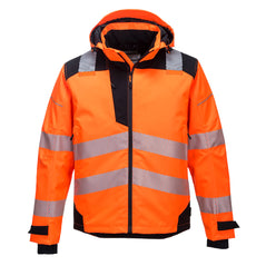PW3 Hi-Vis hooded extreme breathable rain jacket Jacket in orange with black contrast on the shoulders bottom of the jacket and sleeves. Jacket has reflective strips across middle, bottom and shoulders.