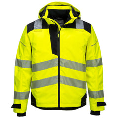 PW3 Hi-Vis hooded extreme breathable rain jacket Jacket in yellow with black contrast on the shoulders bottom of the jacket and sleeves. Jacket has reflective strips across middle, bottom and shoulders.