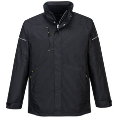 Black Portwest PW3 winter jacket. Jacket has a concealed hood, Full zip fasten and zip pockets on the side and chest. jacket has white stitching on the arms and yellow accents on the zips.