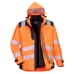 PW3 Hi-Vis hooded three in one jacket. Jacket in orange with black contrast on the shoulders bottom of the jacket and sleeves. Jacket has reflective strips across middle, bottom and shoulders. Jacket has a black zip out fleece.