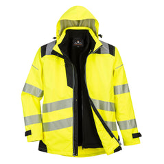 PW3 Hi-Vis hooded three in one jacket. Jacket in yellow with black contrast on the shoulders bottom of the jacket and sleeves. Jacket has reflective strips across middle, bottom and shoulders. Jacket has a black zip out fleece.