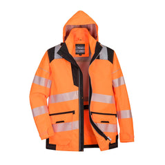 PW3 Hi-Vis 5-in-1 Jacket with hood and 10 pockets and black trim around shoulders and pockets and reflective strips 
