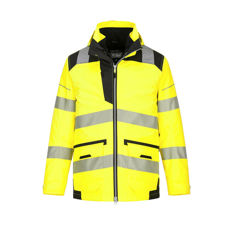 Yellow PW3 Hi-Vis 5-in-1 Jacket with hood and 10 pockets and black trim around shoulders and pockets and reflective strips