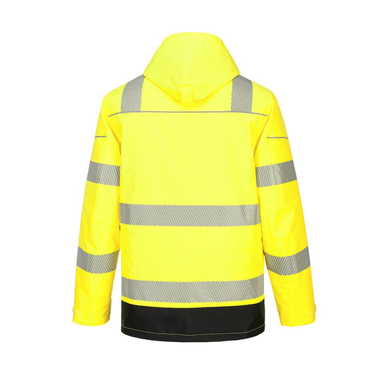 Yellow PW3 Hi-Vis 5-in-1 Jacket with hood and 10 pockets and black trim around shoulders and pockets and reflective strips