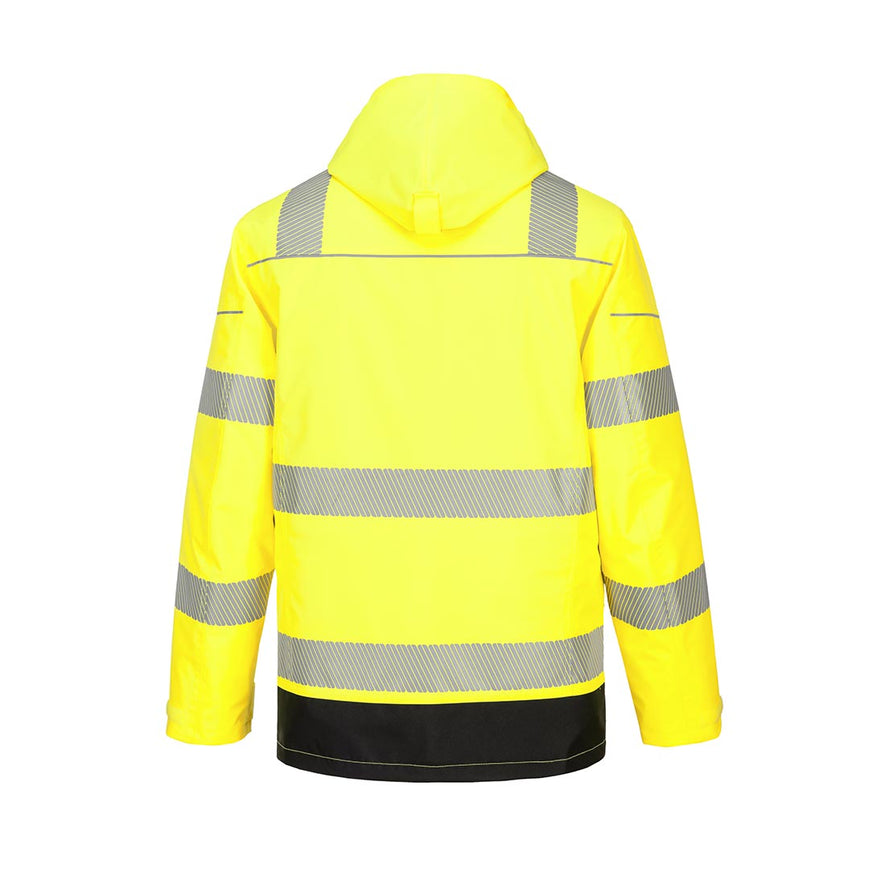 Yellow PW3 Hi-Vis 5-in-1 Jacket with hood and 10 pockets and black trim around shoulders and pockets and reflective strips