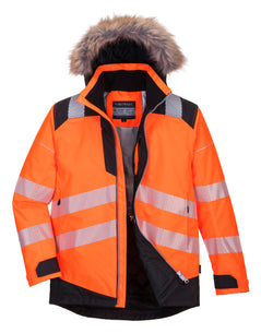 PW3 Hi-Vis hooded winter parka jacket. Jacket in orange with black contrast on the shoulders bottom of the jacket, chest  and sleeves. Jacket has reflective strips across middle, bottom and shoulders. Hood has a fluffy parka style faux fur outer.