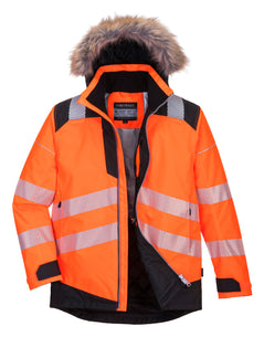 PW3 Hi-Vis hooded winter parka jacket. Jacket in orange with black contrast on the shoulders bottom of the jacket, chest and sleeves. Jacket has reflective strips across middle, bottom and shoulders. Hood has a fluffy parka style faux fur outer.