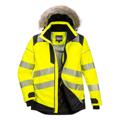 PW3 Hi-Vis hooded winter parka jacket. Jacket in yellow with black contrast on the shoulders bottom of the jacket, chest  and sleeves. Jacket has reflective strips across middle, bottom and shoulders. Hood has a fluffy parka style faux fur outer.