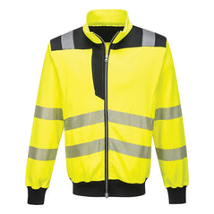 Yellow Portwest PW3 full zip sweatshirt. Sweatshirt has hi vis bands on the middle of the body, shoulders and arms. Sweatshirt has black contrast on the shoulders, chest, neck, and bottom of the body and sleeves.