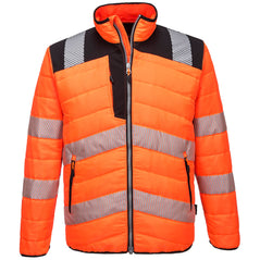 PW3 Hi-Vis Baffle jacket. Jacket in orange with black contrast on the shoulders bottom of the jacket and sleeves. Jacket has reflective strips across middle, bottom and shoulders. Jacket has a baffle style padding.