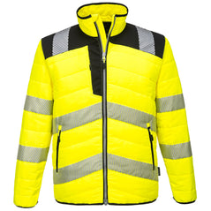 PW3 Hi-Vis Baffle jacket. Jacket in yellow with black contrast on the shoulders bottom of the jacket and sleeves. Jacket has reflective strips across middle, bottom and shoulders. Jacket has a baffle style padding.