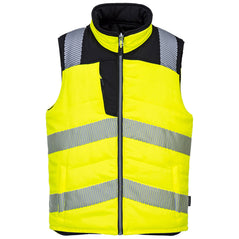  Portwest PW3 Yellow reversible bodywarmer. Body-warmer is hi vis and has zip pockets on the front. Bodywarmer has hi vis bands across the chest and shoulders. Black contrast on the shoulders and upper chest of the bodywarmer.