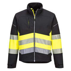 Portwest PW3 class 1 softshell jacket. Jacket is Black and has yellow contrast through the middle of the jacket. Jacket has full zip fasten and hi vis bands on the middle of the jacket. Jacket has zip fasten pockets on the side and chest.