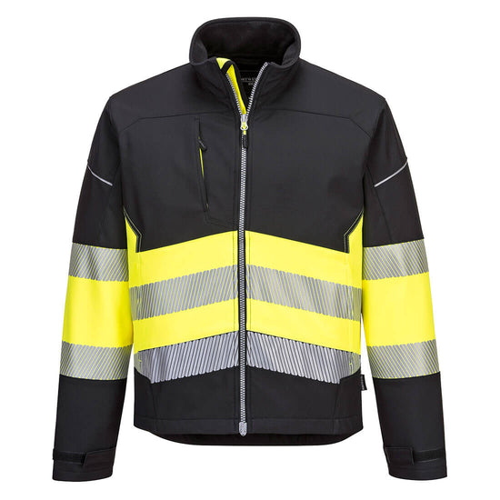 Portwest PW3 class 1 softshell jacket. Jacket is Black and has yellow contrast through the middle of the jacket. Jacket has full zip fasten and hi vis bands on the middle of the jacket. Jacket has zip fasten pockets on the side and chest.