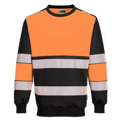 Portwest PW3 Hi-Vis Sweatshirt in orange with black panels on shoulders, wrists, body and crew neck collar. Reflective strips on body and arms. 