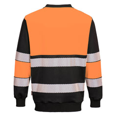 Back of Portwest PW3 Hi-Vis Sweatshirt in orange with black panels on shoulders, wrists, body and collar. Reflective strips on body and arms.