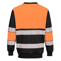 Back of Portwest PW3 Hi-Vis Sweatshirt in orange with black panels on shoulders, wrists, body and collar. Reflective strips on body and arms. 