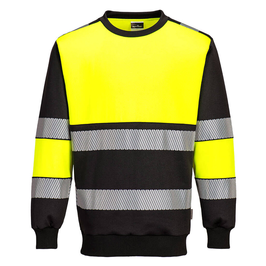 Portwest PW3 Hi-Vis Sweatshirt in yellow with black panels on shoulders, wrists, body and crew neck collar. Reflective strips on body and arms.