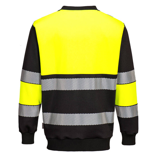 Back of Portwest PW3 Hi-Vis Sweatshirt in yellow with black panels on shoulders, wrists, body and collar. Reflective strips on body and arms. 