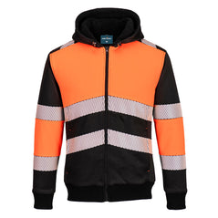 Portwest PW3 Hi-Vis Zipped Winter Hoodie in orange with black panels on shoulders, wrists, body and hood. Black full zip and reflective strips on body and arms.