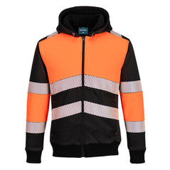Portwest PW3 Hi-Vis Zipped Winter Hoodie in orange with black panels on shoulders, wrists, body and hood. Black full zip and reflective strips on body and arms. 