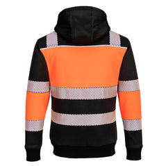Back of Portwest PW3 Hi-Vis Zipped Winter Hoodie in orange with black panels on shoulders, wrists, body and hood. Reflective strips on shoulders, body and arms. 