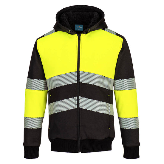 Portwest PW3 Hi-Vis Zipped Winter Hoodie in yellow with black panels on shoulders, wrists, body and hood. Black full zip and reflective strips on body and arms. 