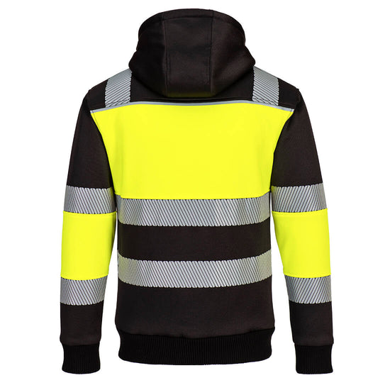 Back of Portwest PW3 Hi-Vis Zipped Winter Hoodie in yellow with black panels on shoulders, wrists, body and hood. Reflective strips on shoulders, body and arms. 