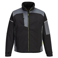 Portwest PW3 Softshell Jacket in black with zoom grey panels on shoulders, arms and sides. Fluorescent yellow full zip on front and zipped pockets on chest and lower body. Reflective strips on arms.