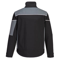 Back of Portwest PW3 Softshell Jacket in black with zoom grey panels on shoulders, arms and sides. Reflective strips on shoulders and arms.