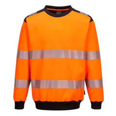 Orange Portwest PW3 crew neck sweatshirt. Sweatshirt has hi vis bands on the middle of the body and arms. Sweatshirt also has black contrast on the shoulders, neck, and bottom of the body and sleeves.