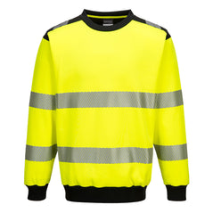 Yellow Portwest PW3 crew neck sweatshirt. Sweatshirt has hi vis bands on the middle of the body and arms. Sweatshirt also has black contrast on the shoulders, neck, and bottom of the body and sleeves.