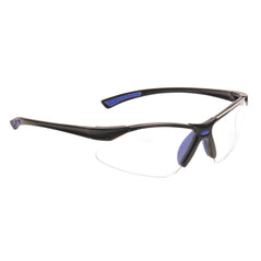 Safety glasses with clear lens, black frame and blue trim.