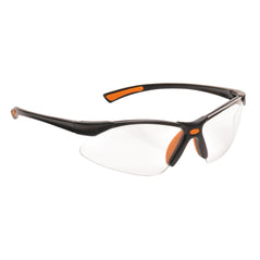Safety glasses with clear lens, black frame and orange trim.