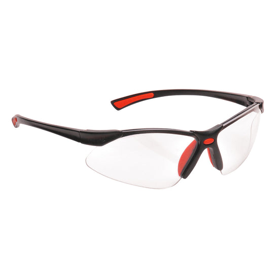 Safety glasses with clear lens, black frame and red trim.