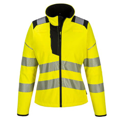 PW3 Hi-Vis ladies softshell jacket. Jacket in yellow with black contrast on the shoulders chest area. Jacket has reflective strips across middle, bottom and shoulders.