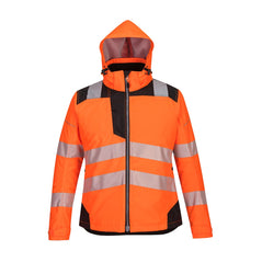 PW3 Hi-Vis hooded ladies winter jacket. Jacket in orange with black contrast on the shoulders bottom of the jacket, chest and sleeves. Jacket has reflective strips across middle, bottom and shoulders.