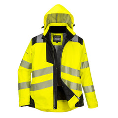 PW3 Hi-Vis hooded ladies winter jacket. Jacket in yellow with black contrast on the shoulders bottom of the jacket, chest and sleeves. Jacket has reflective strips across middle, bottom and shoulders.