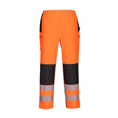 PW3 Hi-Vis Women's Rain Trouser in orange with black shin detail and reflective strips