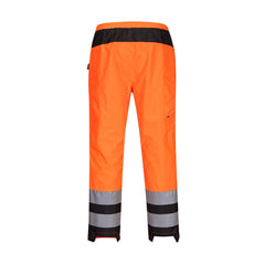 PW3 Hi-Vis Women's Rain Trouser in orange with black shin detail and reflective strips
