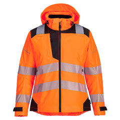 Portwest PW3 Hi-Vis Women's Rain Jacket in orange with black panels on shoulders, wrists, bottom and inside of hood. Black full zip and reflective strips on shoulders, body and arms.