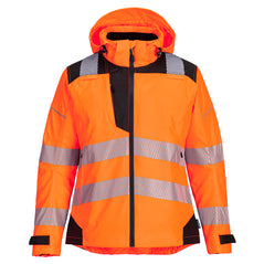 Portwest PW3 Hi-Vis Women's Rain Jacket in orange with black panels on shoulders, wrists, bottom and inside of hood. Black full zip and reflective strips on shoulders, body and arms. 