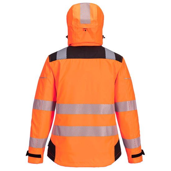 Back of Portwest PW3 Hi-Vis Women's Rain Jacket in orange with black panels on shoulders, wrists and body. Reflective strips on hood, shoulders, body and arms. 