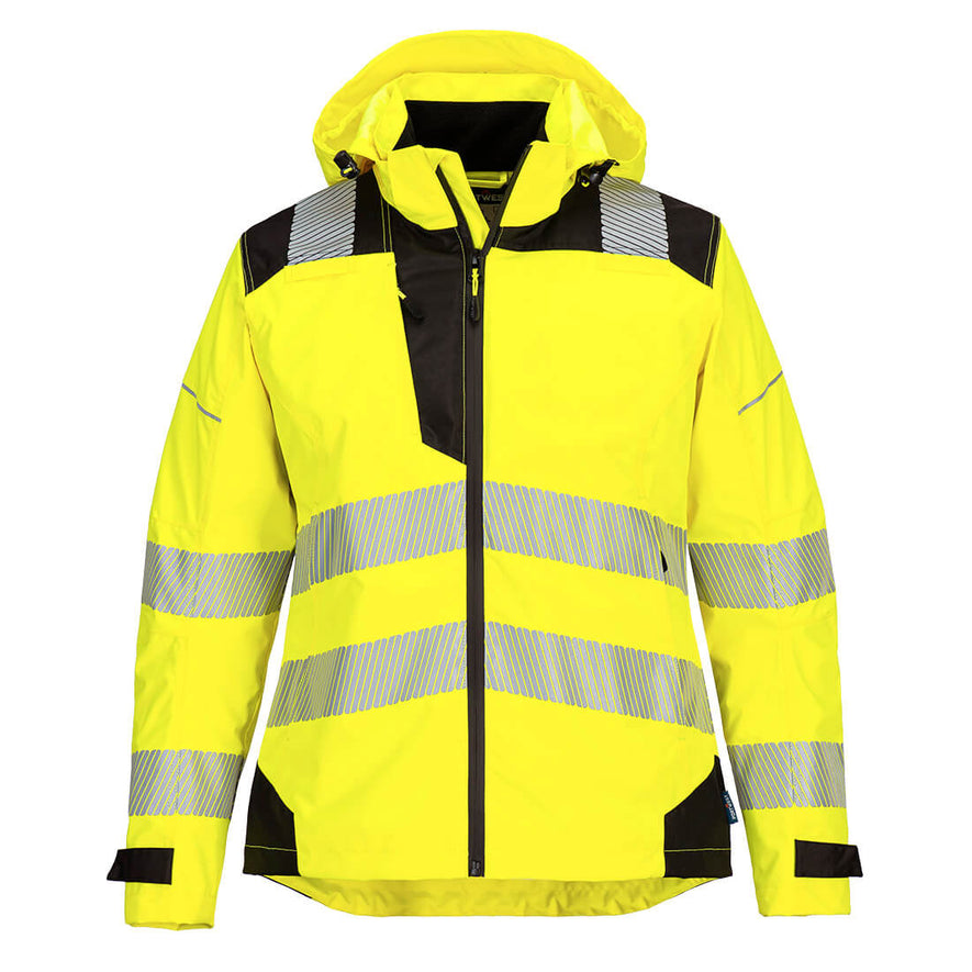 Portwest PW3 Hi-Vis Women's Rain Jacket in yellow with black panels on shoulders, wrists, bottom and inside of hood. Black full zip and reflective strips on shoulders, body and arms. 