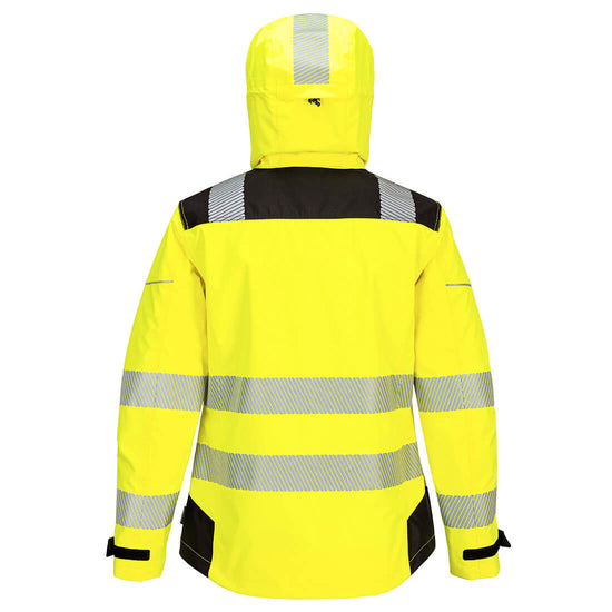 Back of Portwest PW3 Hi-Vis Women's Rain Jacket in yellow with black panels on shoulders, wrists and body. Reflective strips on hood, shoulders, body and arms. 