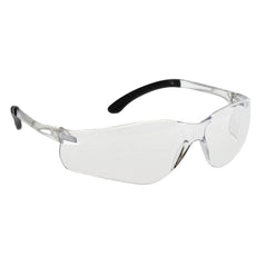 Clear portwest pan view safety spectacles. Spectacles have black and clear arms, clear nose padding as well as clear lenses.