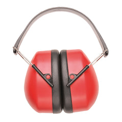 Red portwest Super ear protector. Ear muffs have a black headband, red outer and black padded ear area.
