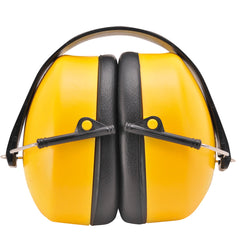 Yellow portwest Super ear protector. Ear muffs have a black headband, yellow outer and black padded ear area.