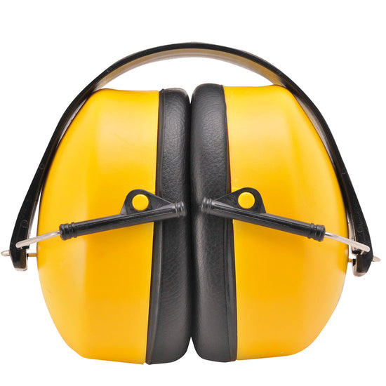 Yellow portwest Super ear protector. Ear muffs have a black headband, yellow outer and black padded ear area.